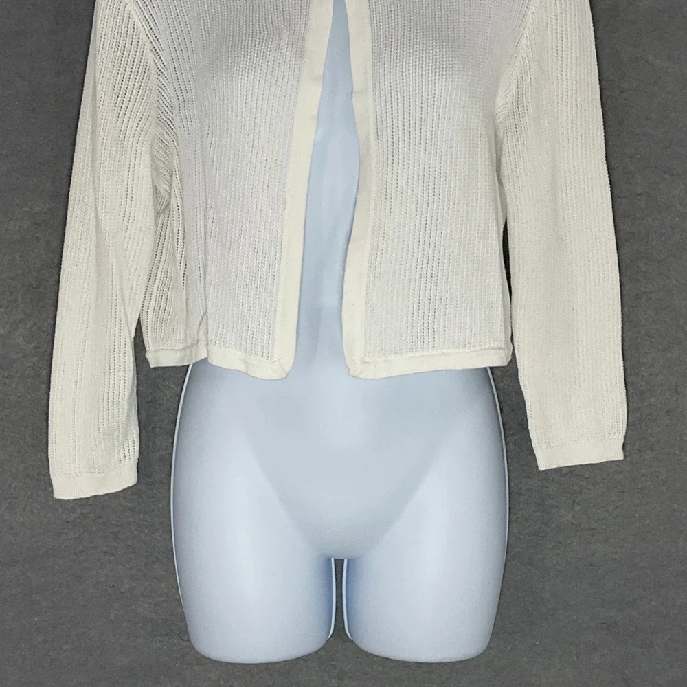 Talbots Womens‎ Cardigan Sweater Medium M White Knit Open Front 3/4 Sleeve